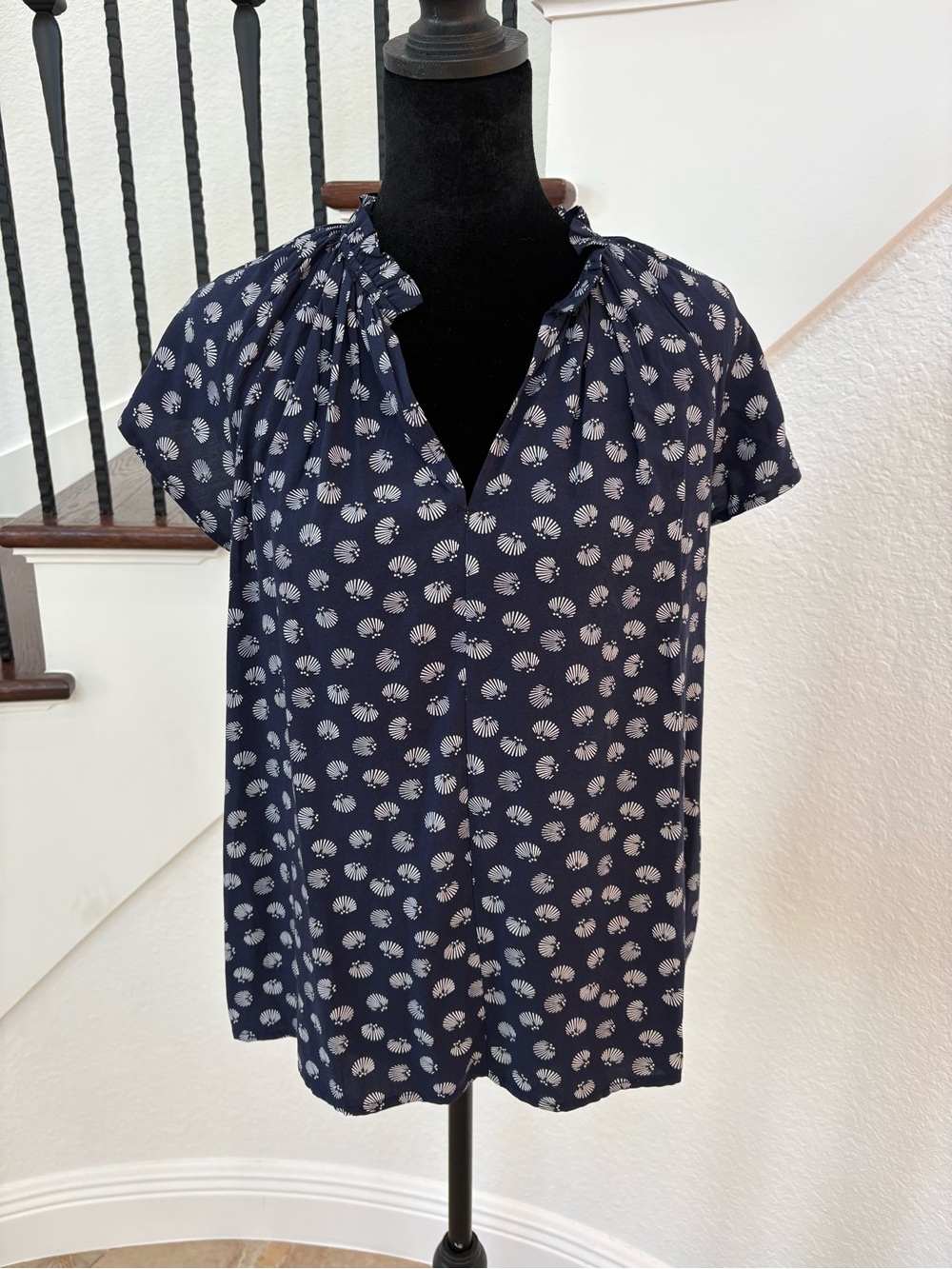 J. Crew Navy and White Short-Sleeve Printed Blouse